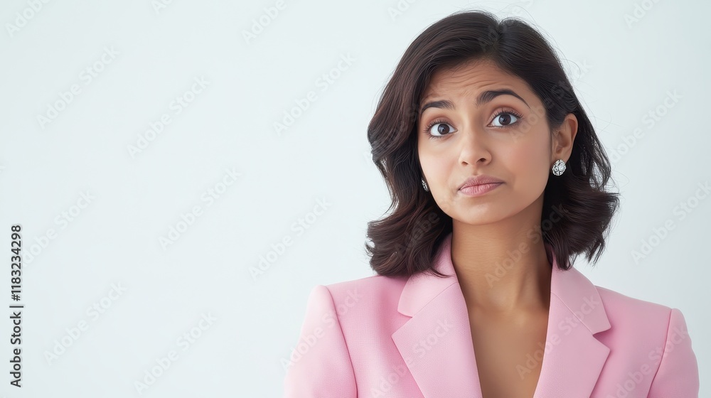 Young Woman Wearing Pink Blazer Looks Thoughtful Young Woman Wearing Pink Blazer Looks Thoughtful