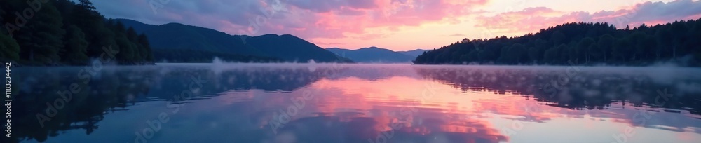 Fototapeta premium Gentle ripples disturb mirrored lake surface at dusk, calm, lake, serene