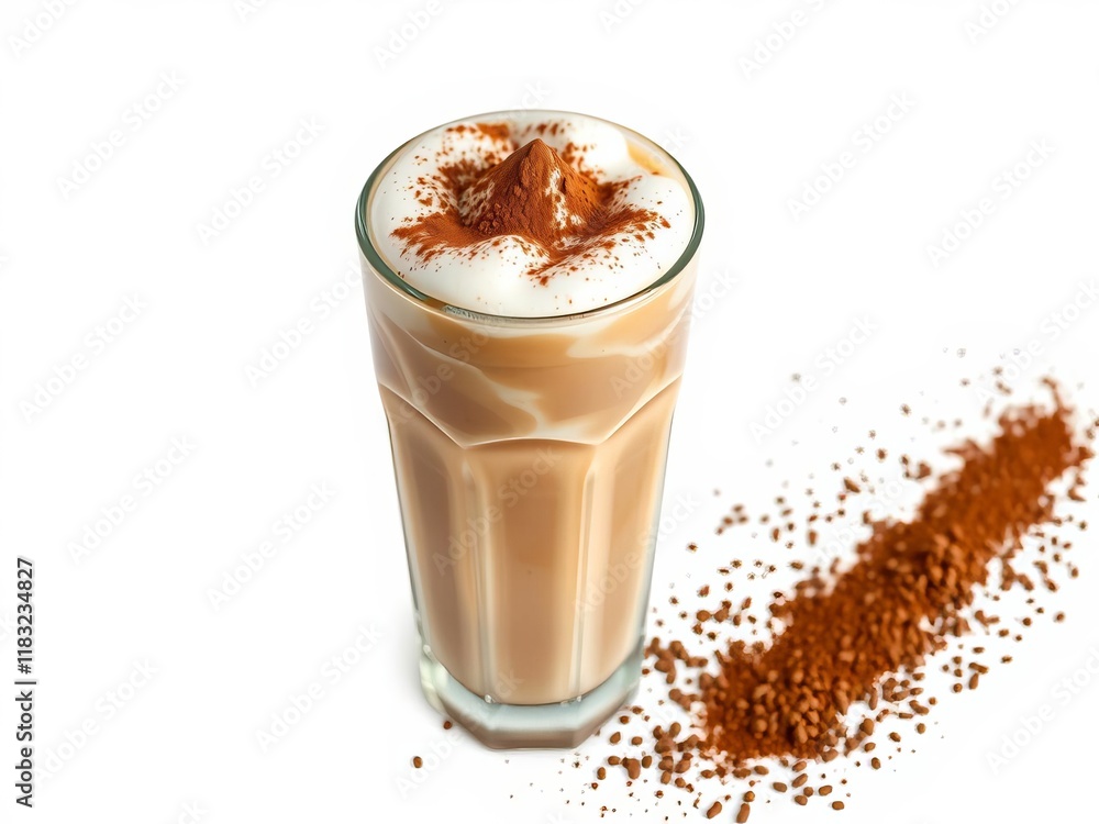 Iced coffee latte cappuccino with ice in glass, milk foam, and cocoa powder isolated on white background, iced coffee, cappuccino Iced coffee latte cappuccino with ice in glass, milk foam, and cocoa powder isolated on white background, iced coffee, cappuccino