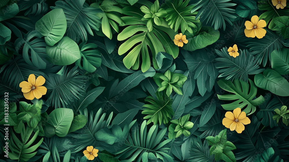 Fototapeta premium Vibrant tropical leaves and yellow flowers create a serene botanical backdrop
