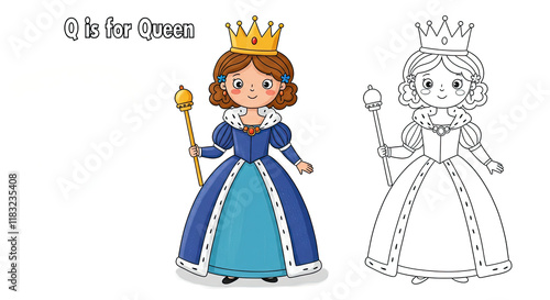 A Cartoon of a Princess and a Princess With a Wand. Coloring book page for children, Q is for Queen.
