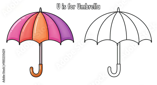 Umbrella Alphabet Illustration: Colorful and Black and White Umbrella for Kids Coloring Book Page photo