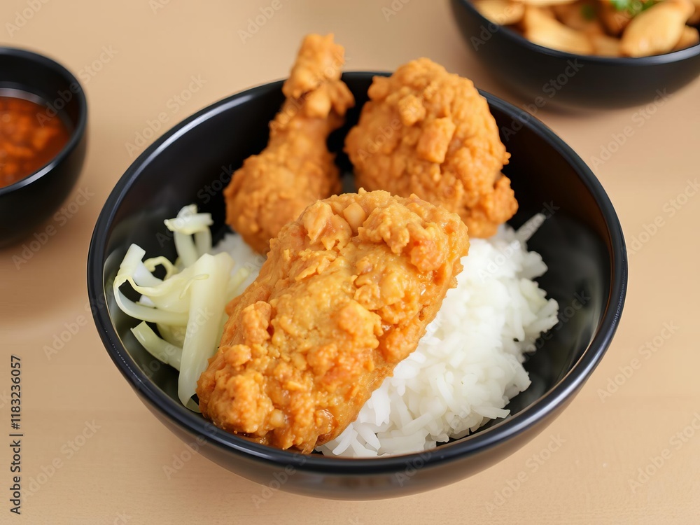Japanese fried crispy chicken, or karaage, served in a black bowl with rice and cabbage, dish, delicious Japanese fried crispy chicken, or karaage, served in a black bowl with rice and cabbage, dish, delicious