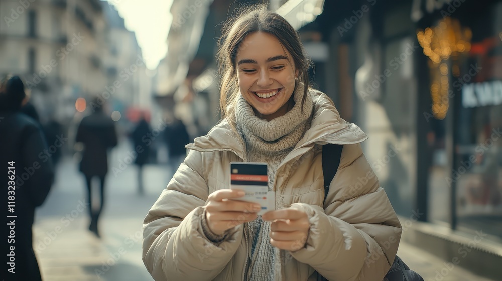 Obraz premium Happy Woman Using Phone and Credit Card Outdoors