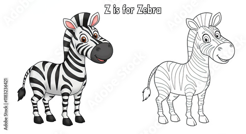 Coloring book page for children, Cute cartoon zebra vector illustration, isolated white background, striped black and white mammal with hooves photo