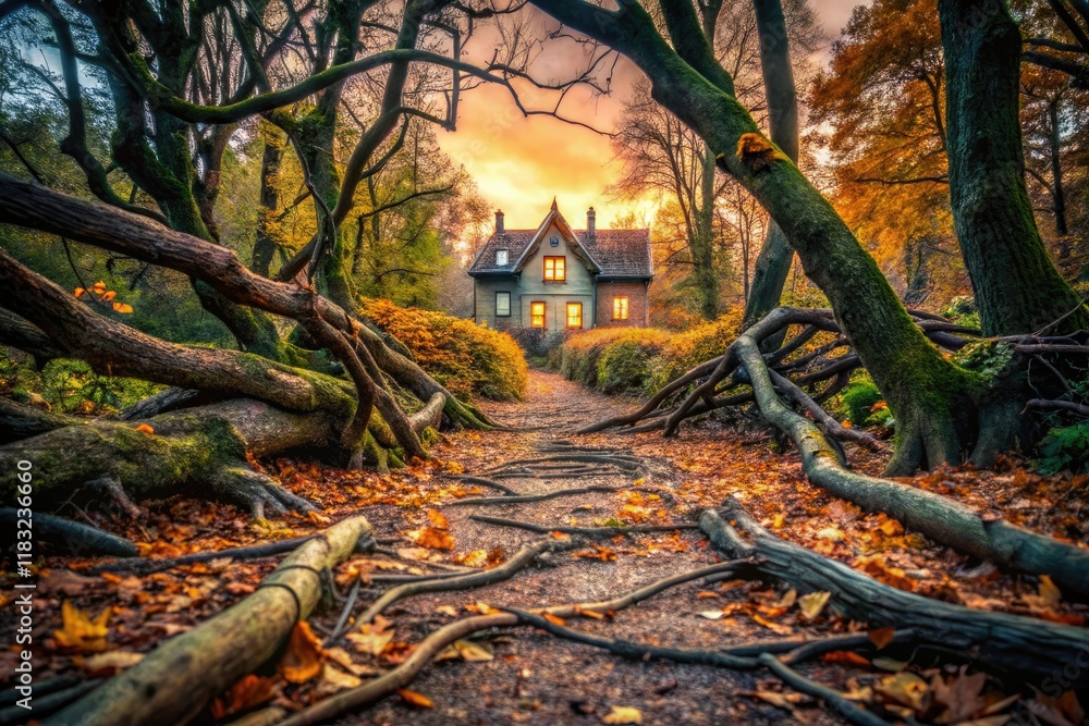 A dark forest path, fallen branches obscuring a spooky house, autumn horror scene with deep focus. A dark forest path, fallen branches obscuring a spooky house, autumn horror scene with deep focus.