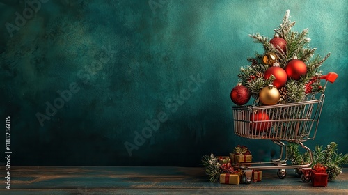 Christmas Tree Ornaments In Shopping Cart Festive Holiday Season photo