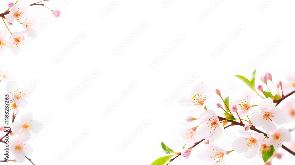 Light pink cherry blossom flowers forming a delicate frame on a white background, white, frame Light pink cherry blossom flowers forming a delicate frame on a white background, white, frame
