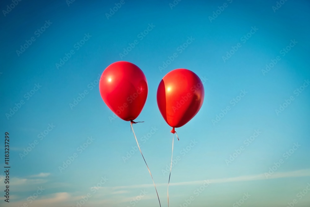 Fototapeta premium Minimalist Photography: Two Red Balloons Floating Against a Clear Sky