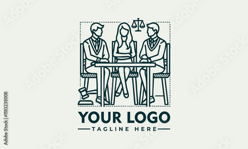 Three businesspeople in a meeting discussing strategies at a table vector logo. Ideal for corporate presentations, team collaboration concepts, and office settings