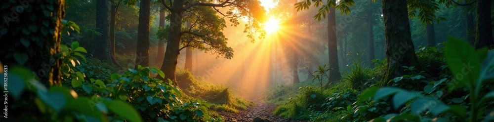 Jungle at dawn with mist rising from the forest floor, greenery, foliage, dawn Jungle at dawn with mist rising from the forest floor, greenery, foliage, dawn