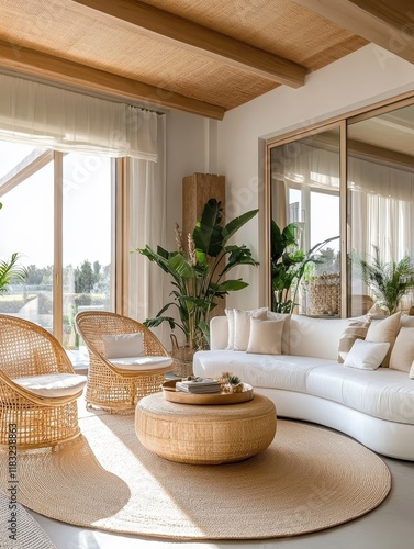 Bright airy living room, large arched windows, white walls, wood flooring, minimalist decor, round wooden coffee table, white curved sofas, beige ottoman, potted banana plant, natural light, coastal c