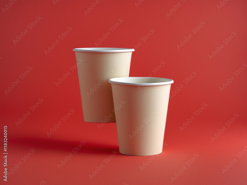 Two light beige disposable paper cups placed side by side against a vibrant red background. Ideal for eco-friendly, takeaway, and beverage-related themes. Two light beige disposable paper cups placed side by side against a vibrant red background. Ideal for eco-friendly, takeaway, and beverage-related themes.