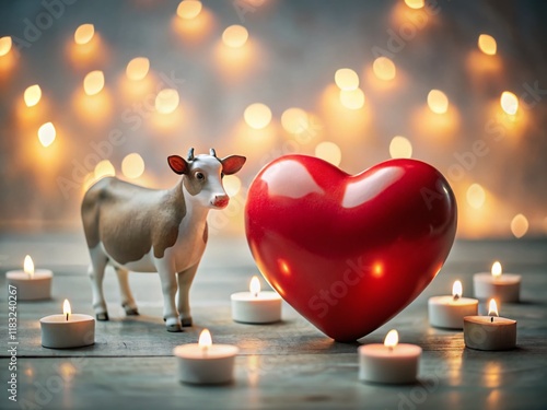 Minimalist Red Heart Candlelight Cow Valentine's Day Stock Photo