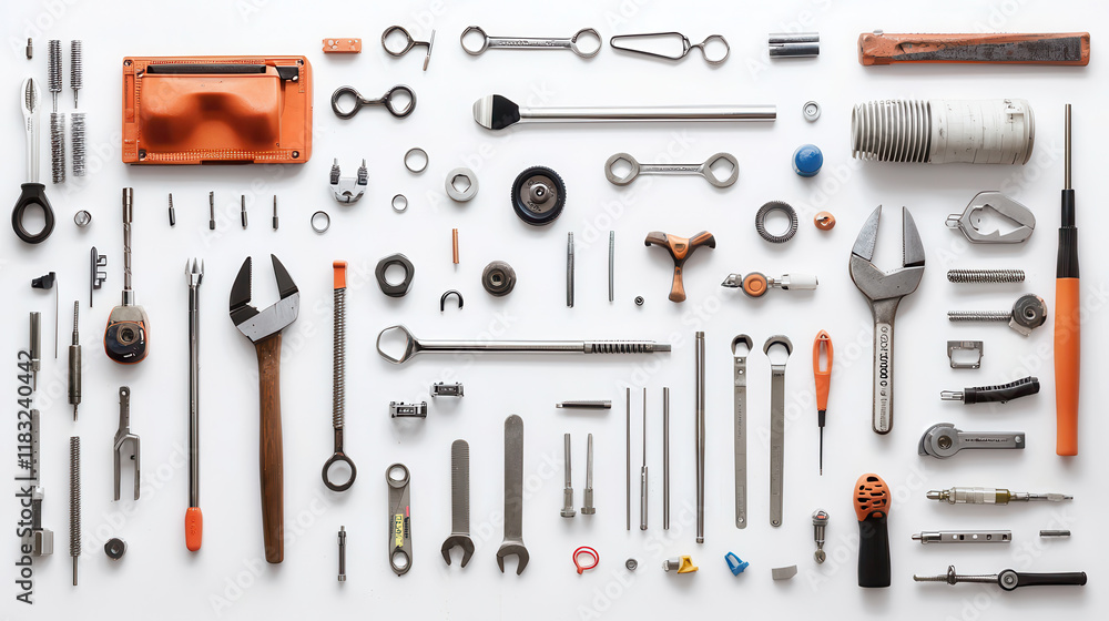 Fototapeta premium collection of high quality tools for factory and workshop use, including wrenches, pliers, and screws, showcasing precision and durability