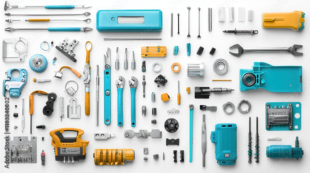 Essential tools for electrical work arranged flat lay, showcasing various equipment and accessories. Perfect for DIY enthusiasts and professionals Essential tools for electrical work arranged flat lay, showcasing various equipment and accessories. Perfect for DIY enthusiasts and professionals