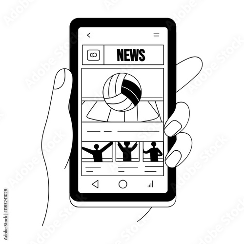 Volleyball news on mobile illustration in hand drawn style 

