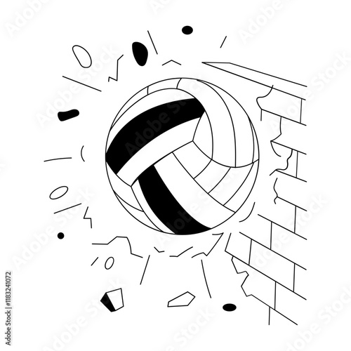 Volleyball smashing on wall illustration in hand drawn style 
