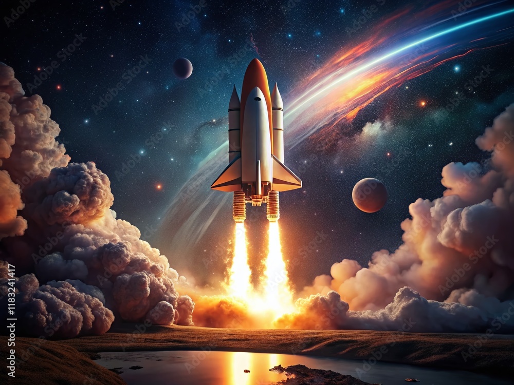 Fototapeta premium Minimalist Retro Rocket Launch: Fiery Cosmos Ascent