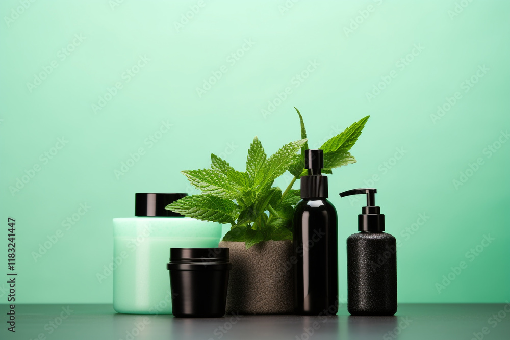 Black Toiletries on Mint Green Background with Copy Space Black Toiletries on Mint Green Background with Copy Space