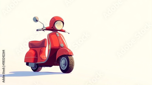 a 2D cartoon illustration of a classic red scooter with a helmet, fun and stylish, white background--ar 16:9