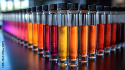 Colorful Liquids In Glass Test Tubes Lined Up photo