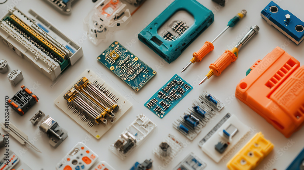 Close up of professional tools and components for electrical work, showcasing various circuit boards and tools