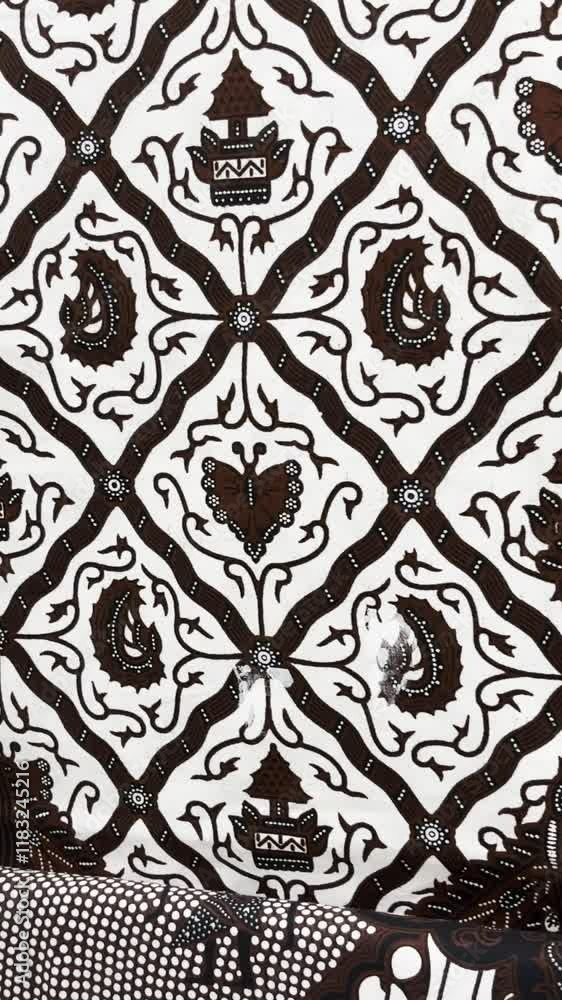 Close-up of Exquisite Brown and White Indonesian Batik Fabric with Intricate Peacock and Butterfly Motifs Close-up of Exquisite Brown and White Indonesian Batik Fabric with Intricate Peacock and Butterfly Motifs