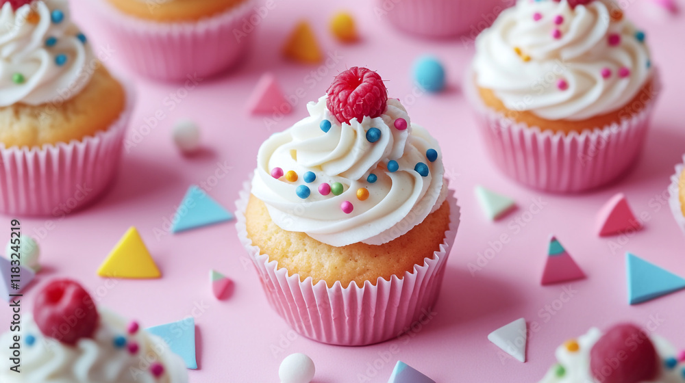 Colorful cupcakes with frosting and sprinkles on a pastel pink background Colorful cupcakes with frosting and sprinkles on a pastel pink background