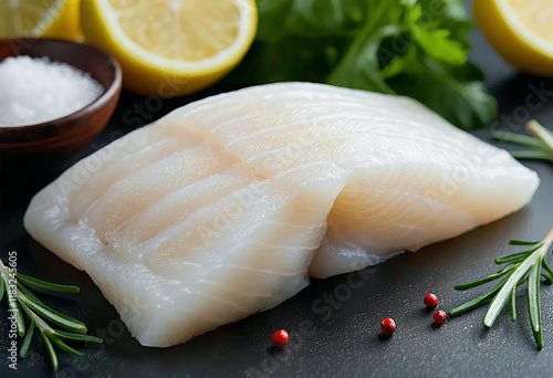 Fresh cod fish fillet isolated top view seafood ingredient overhead healthy white codfish meat prepa photo