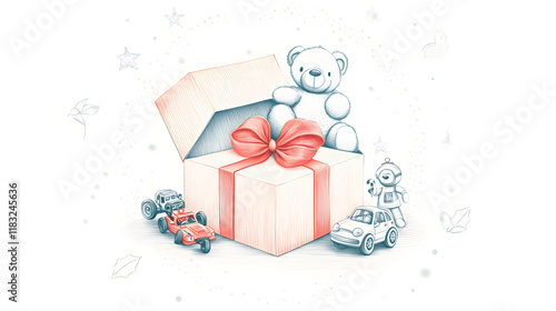 detailed line art illustration of a large gift box with a red ribbon tied into a beautiful bow. The box lid is open, revealing a collection of children's toys inside
