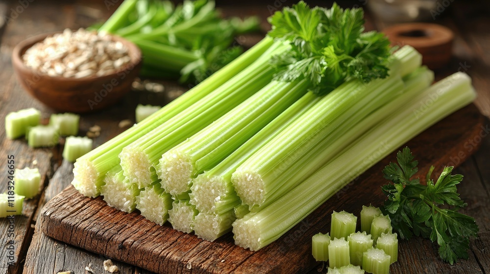 Fresh Celery Stalks Arranged on Rustic Wooden Board Fresh Celery Stalks Arranged on Rustic Wooden Board