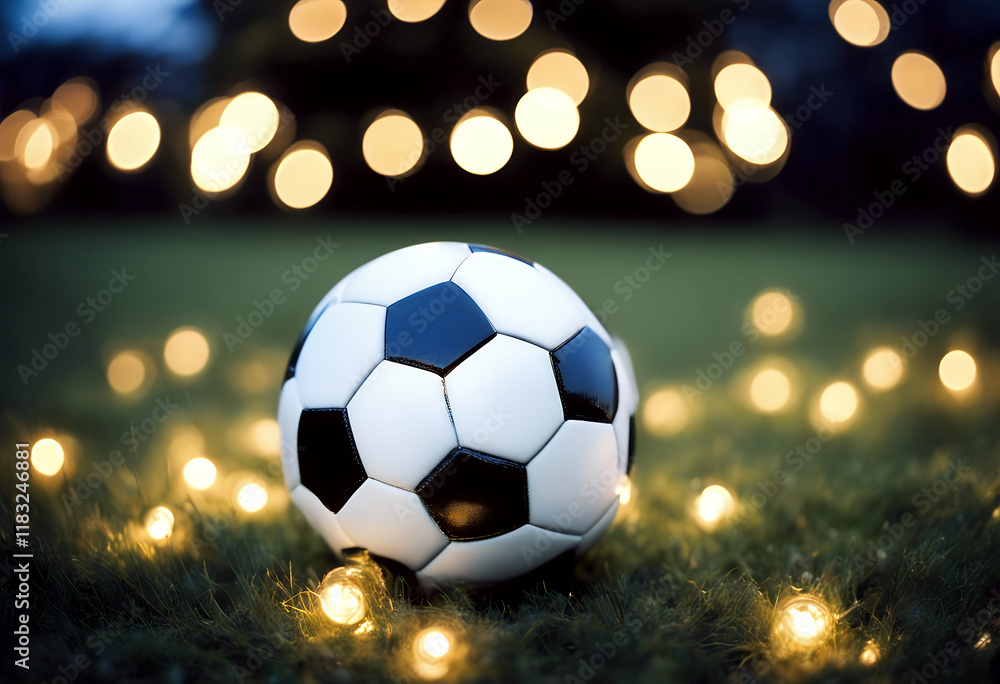 Fototapeta premium ball lights soccer decorations christmas grass holiday decoration greeting winter snow snowflake football happy star banner december magic dreamy fantasy