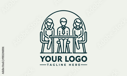 Three businesspeople in a meeting discussing strategies at a table vector logo. Ideal for corporate presentations, team collaboration concepts, and office settings