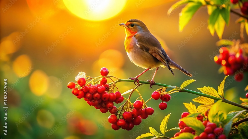 Minimalist Sunset Bird on Branch with Red Berries - Lush Green Nature Stock Photo Minimalist Sunset Bird on Branch with Red Berries - Lush Green Nature Stock Photo