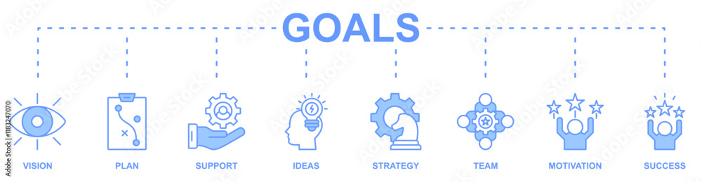 Goals banner web icon vector illustration concept with icon of vision, plan, support, ideas, strategy, team, motivation, success Goals banner web icon vector illustration concept with icon of vision, plan, support, ideas, strategy, team, motivation, success