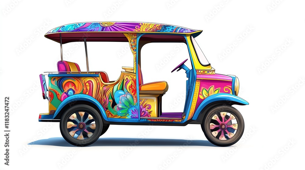 a 2D cartoon illustration of a colorful tuk-tuk driving through the streets, exotic and fun, white background--ar 16:9 a 2D cartoon illustration of a colorful tuk-tuk driving through the streets, exotic and fun, white background--ar 16:9