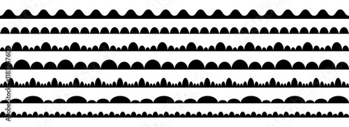 Wavy repeating pattern border collection. Scallop shape frame set for decoration, banner, poster, design. Wave edge seamless stripes for divide and separate. Vector black repeated squiggle stroke pack