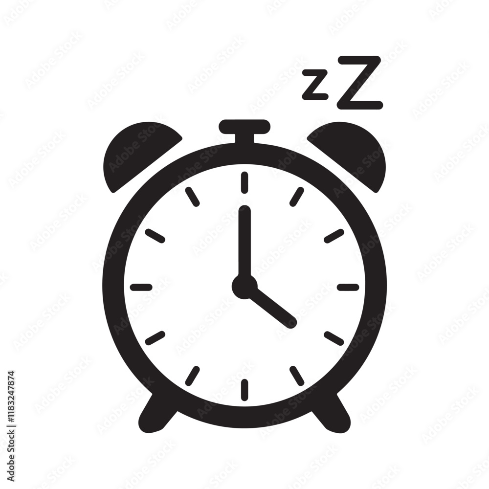 black and white graphic of an alarm clock with a snooze button, symbolizing sleep and morning routines black and white graphic of an alarm clock with a snooze button, symbolizing sleep and morning routines