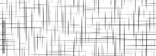 Black cross hatch seamless texture. Repeated straight scratch line pattern surface. Rough sackcloth fabric background. Crosshatch linen canvas burlap overlay wallpaper. Vector textile backdrop