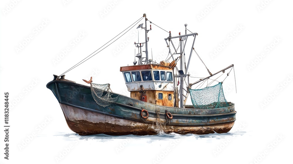 Naklejka premium a 2D cartoon illustration of a fishing boat at sea with nets, working and traditional, white background--ar 16:9