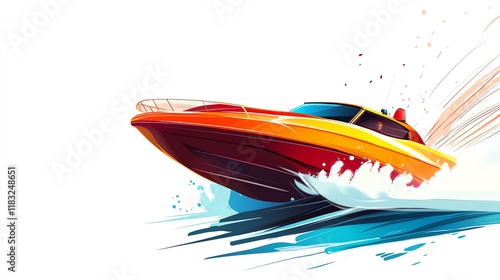 a 2D cartoon illustration of a racing boat speeding through the water, thrilling and fast, white background--ar 16:9