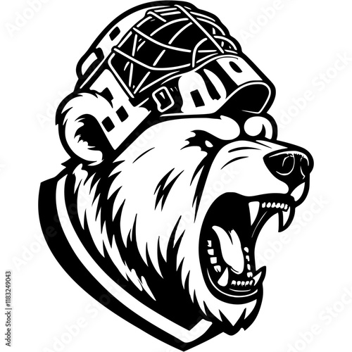 Head of angry roaring polar bear wearing hockey goalie mask in monochrome. Simple minimalistic vector in black ink drawing on transparent background