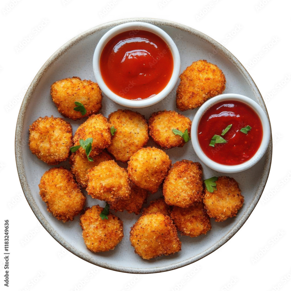 Plate of chicken nuggets with ketchup and parsley isolated on transparent or white background. Plate of chicken nuggets with ketchup and parsley isolated on transparent or white background.