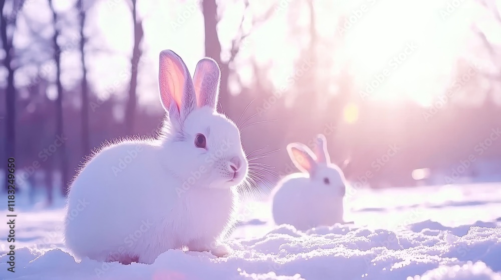 Obraz premium Winter Wonderland Two White Rabbits in Snow