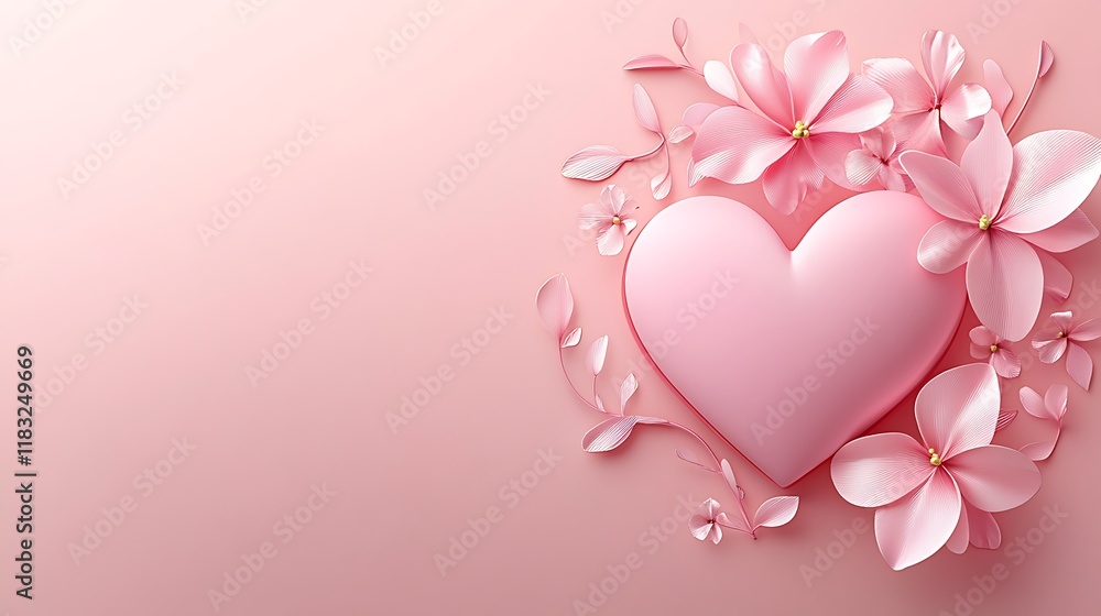 Pink heart surrounded by delicate pink flowers and leaves Pink heart surrounded by delicate pink flowers and leaves