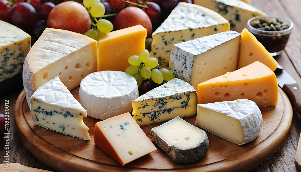 Fototapeta premium A close-up photo of an assortment of delicious cheeses, beautifully arranged on a wooden board , cheese, national cheese day