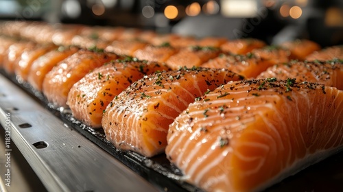 Fresh salmon fillets ready for cooking, garnished with herbs and spices. photo