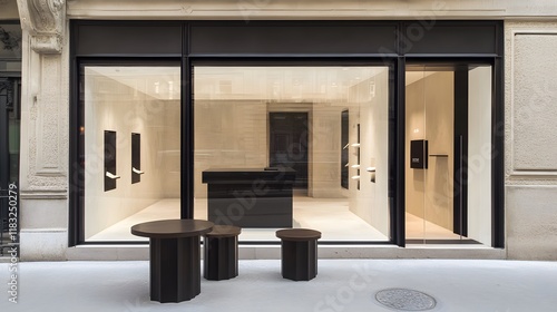 Wallpaper Mural Modern European shop exterior with sleek architectural design, neutral tones, and abundant copy space, highlighted by natural light and a clean, minimalistic aesthetic Torontodigital.ca