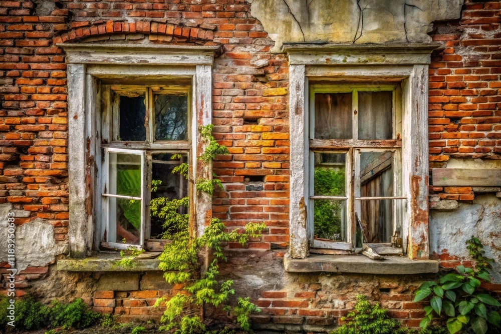 Crumbling suburban ruin, cracked windows gaze upon decay. Old town's surreal ghost. Crumbling suburban ruin, cracked windows gaze upon decay. Old town's surreal ghost.